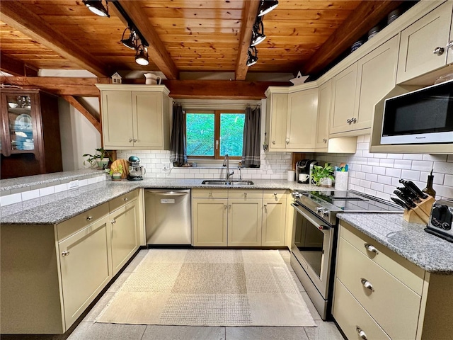 kitchen featuring a sink, stainless steel appliances, wooden ceiling, rail lighting, and tasteful backsplash