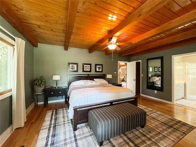 bedroom with baseboards, beamed ceiling, wood finished floors, multiple windows, and wooden ceiling