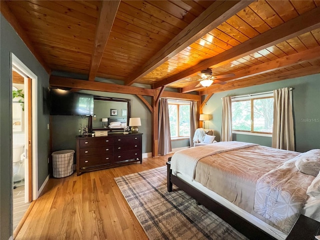 bedroom with light wood-style floors, beamed ceiling, baseboards, wood ceiling, and ceiling fan
