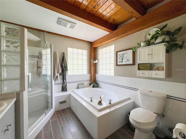 full bathroom with a shower stall, beam ceiling, wooden ceiling, a bath, and toilet