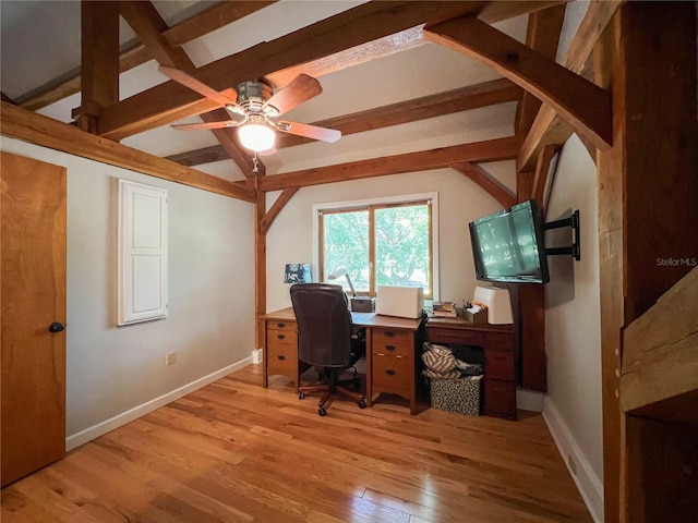 home office featuring light wood-style floors, baseboards, and a ceiling fan