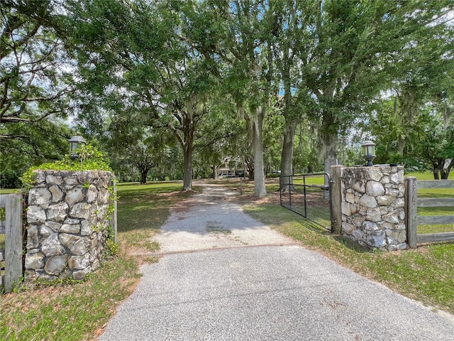 view of asphalt driveway featuring a gate and a gated entry