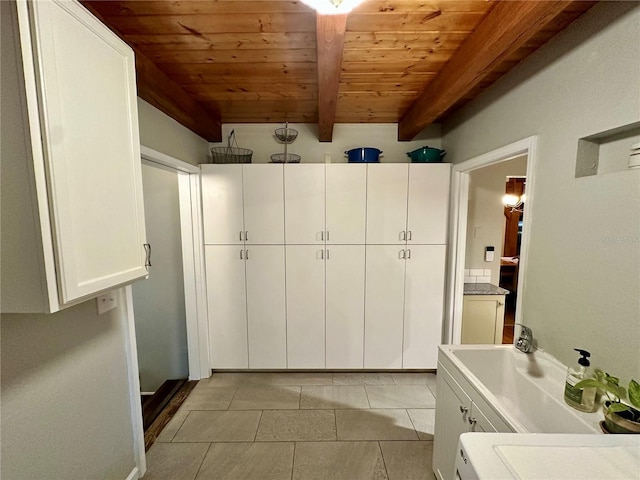 8115 NW 236th St, Alachua, FL 32615 - bathroom with wooden ceiling with exposed beams and tile patterned floors