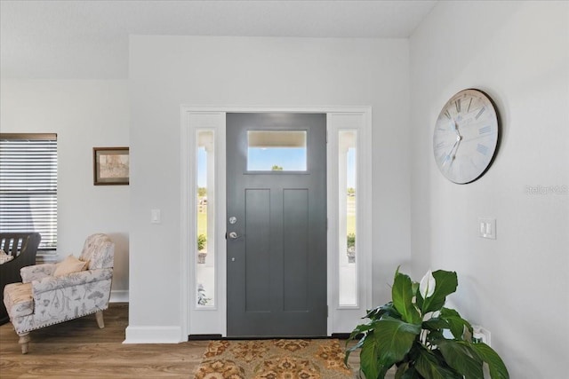 foyer featuring wood finished floors and baseboards