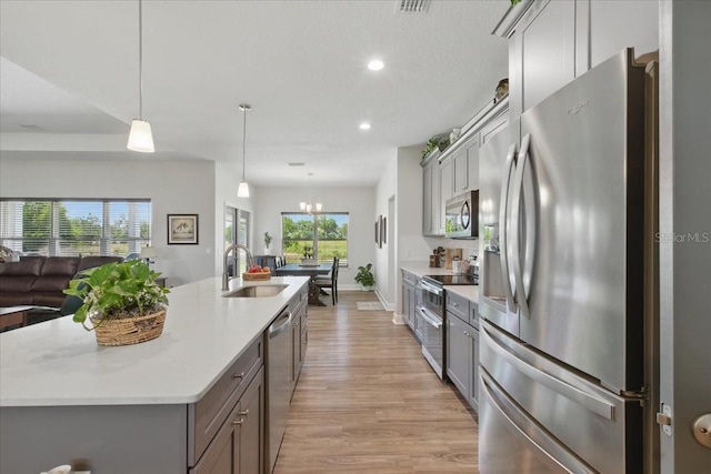 kitchen with appliances with stainless steel finishes, a sink, gray cabinetry, open floor plan, and light wood finished floors