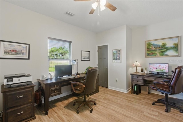 home office featuring light wood-style flooring, a ceiling fan, and baseboards