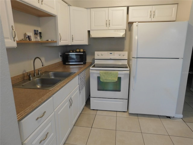 721 Town Ct Unit A & B, Bronson, FL 32621 - kitchen with white appliances, under cabinet range hood, a sink, white cabinetry, and light tile patterned floors