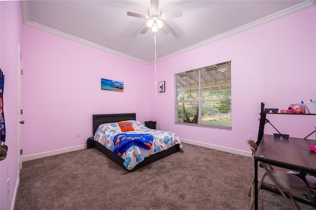 5802 SW 89th Ter, Gainesville, FL 32608 - bedroom featuring ornamental molding, carpet flooring, baseboards, and ceiling fan