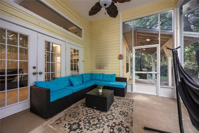 5802 SW 89th Ter, Gainesville, FL 32608 - sunroom featuring french doors, ceiling fan, outdoor lounge area, and healthy amount of natural light