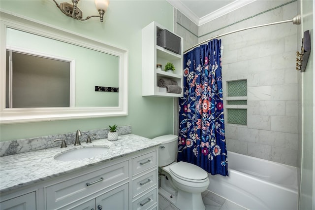 5802 SW 89th Ter, Gainesville, FL 32608 - full bathroom with vanity, toilet, crown molding, and shower / tub combo with curtain