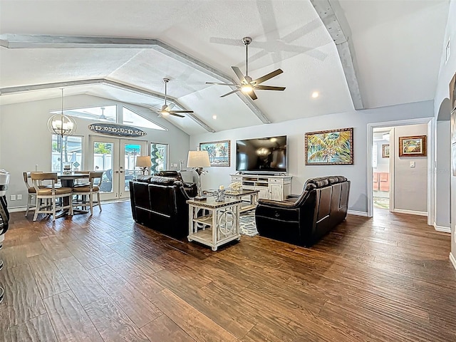 1120 81st St S, Saint Petersburg, FL 33707 - living room with wood finished floors, french doors, vaulted ceiling, ceiling fan, and baseboards