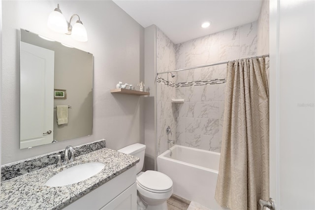 full bathroom with toilet, shower / bath combination with curtain, and vanity