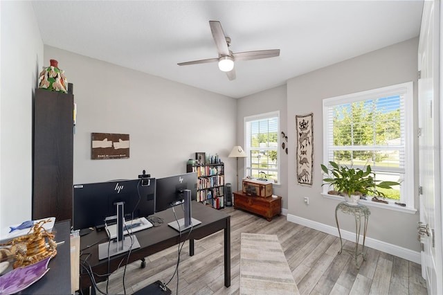 office with ceiling fan, light wood-style floors, and baseboards