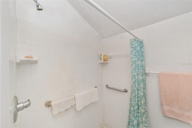 13207 SW Williston Rd, Micanopy, FL 32667 - bathroom featuring a tile shower and vaulted ceiling