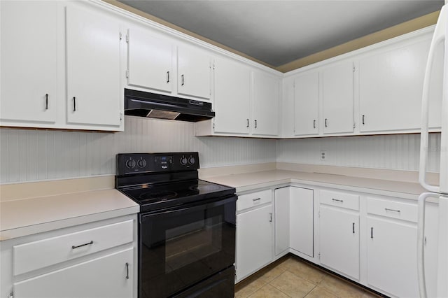 2300 SW 43rd St Unit Q2, Gainesville, FL 32607 - kitchen featuring black range with electric stovetop, under cabinet range hood, light countertops, white cabinetry, and light tile patterned flooring