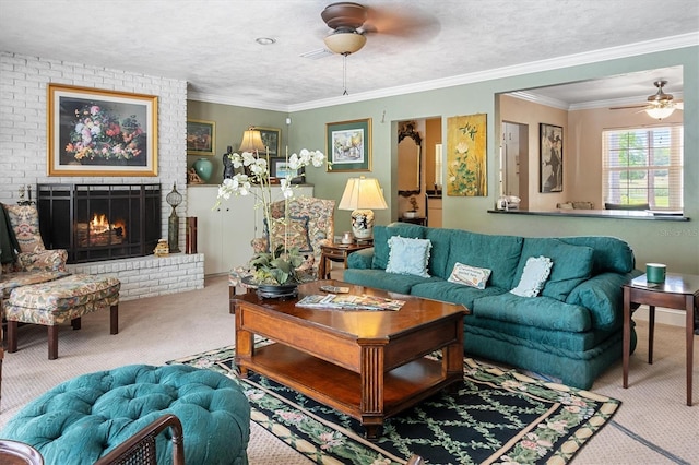 20031 NW County Road 236, High Springs, FL 32643 - carpeted living room with ceiling fan, a brick fireplace, and ornamental molding