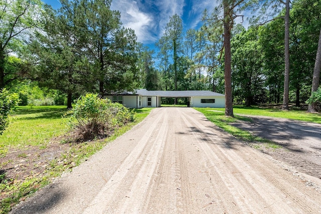 3046 SE 134th St, Starke, FL 32091 - single story home with dirt driveway, view of wooded area, and a front lawn