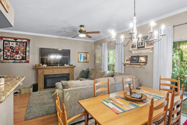 dining area with wood finished floors, ceiling fan, a chandelier, a fireplace, and crown molding