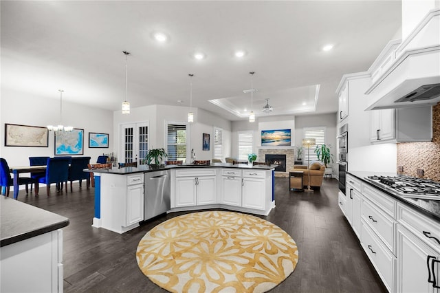 1084 NW 134th Way, Newberry, FL 32669 - kitchen featuring stainless steel appliances, dark countertops, a fireplace, custom exhaust hood, and recessed lighting