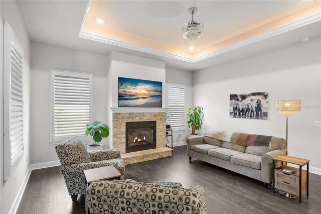 1084 NW 134th Way, Newberry, FL 32669 - living room with a raised ceiling, wood finished floors, baseboards, a glass covered fireplace, and recessed lighting