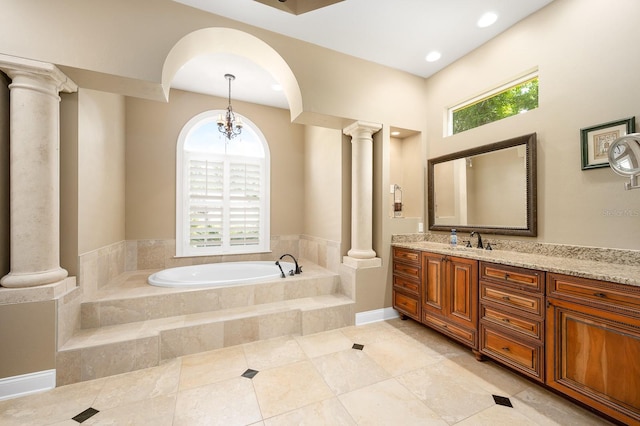 3533 SW 87th Dr, Gainesville, FL 32608 - full bath featuring ornate columns, vanity, a bath, tile patterned flooring, and recessed lighting