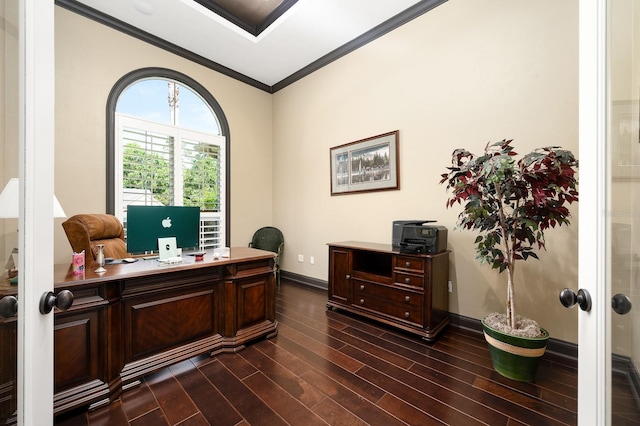3533 SW 87th Dr, Gainesville, FL 32608 - office with ornamental molding, dark wood-type flooring, and baseboards