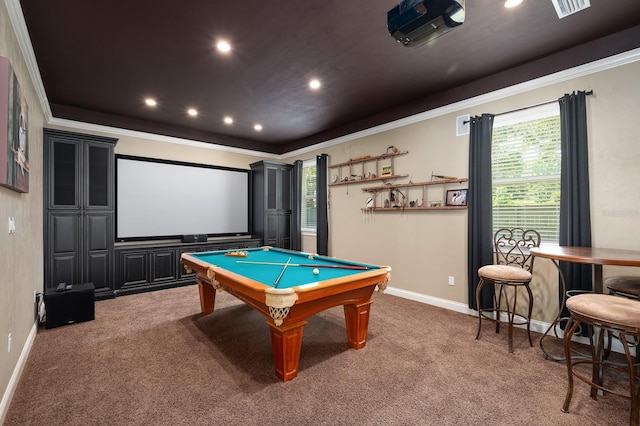 3533 SW 87th Dr, Gainesville, FL 32608 - game room with carpet flooring, ornamental molding, baseboards, pool table, and recessed lighting