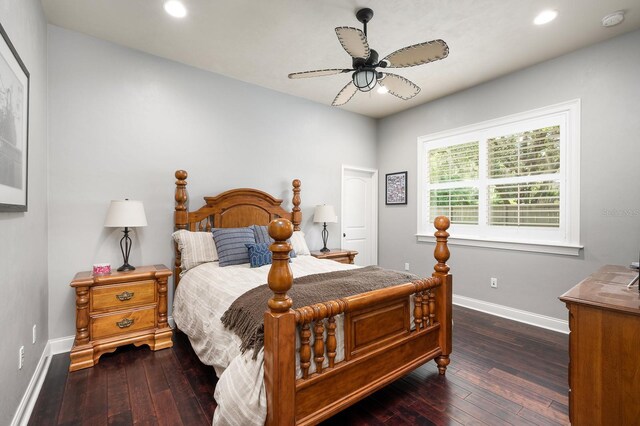 3533 SW 87th Dr, Gainesville, FL 32608 - bedroom with dark wood-style flooring, baseboards, recessed lighting, and a ceiling fan