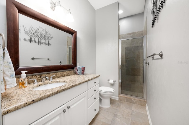 3533 SW 87th Dr, Gainesville, FL 32608 - full bathroom featuring toilet, vanity, a stall shower, baseboards, and tile patterned flooring