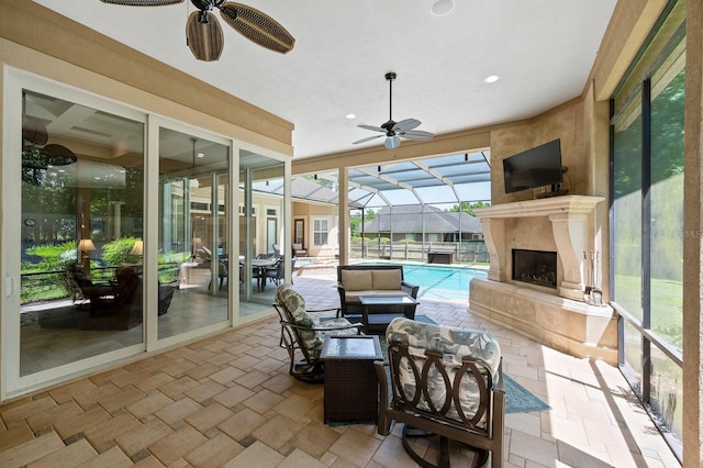 3533 SW 87th Dr, Gainesville, FL 32608 - view of patio with ceiling fan, an outdoor living space with a fireplace, an outdoor pool, and glass enclosure