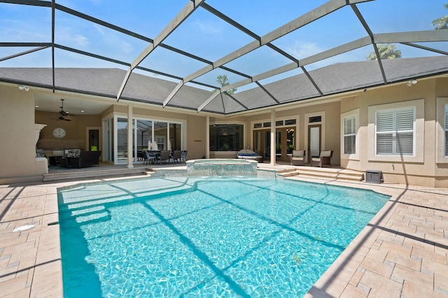 3533 SW 87th Dr, Gainesville, FL 32608 - view of swimming pool featuring an outdoor living space, a patio, ceiling fan, and glass enclosure