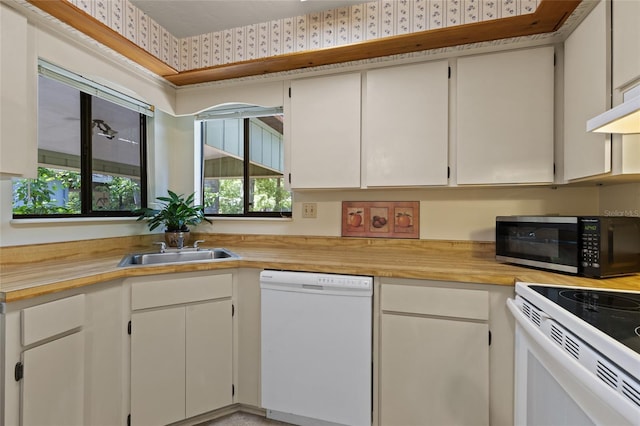 8689 NW 42nd Dr, Gainesville, FL 32653 - kitchen featuring white appliances, a sink, and white cabinets