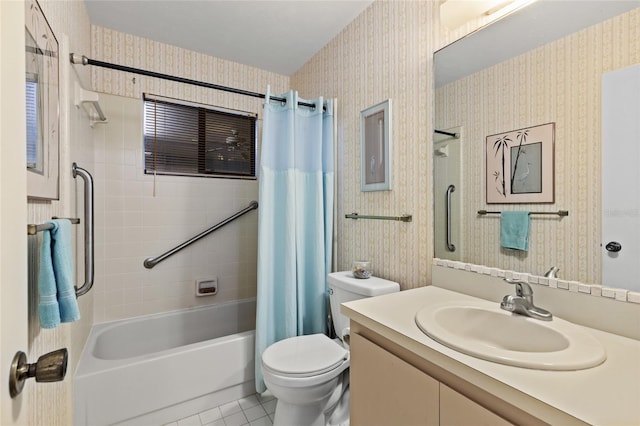 8689 NW 42nd Dr, Gainesville, FL 32653 - full bathroom with tile patterned floors, shower / tub combo, toilet, wallpapered walls, and vanity