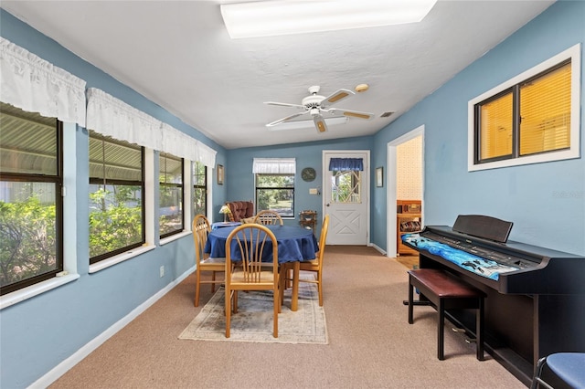 8689 NW 42nd Dr, Gainesville, FL 32653 - dining space with baseboards, carpet, and ceiling fan