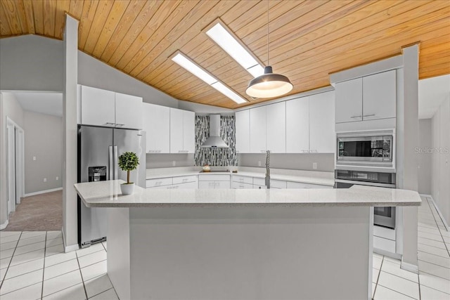 kitchen featuring appliances with stainless steel finishes, light tile patterned floors, wall chimney range hood, wooden ceiling, and vaulted ceiling