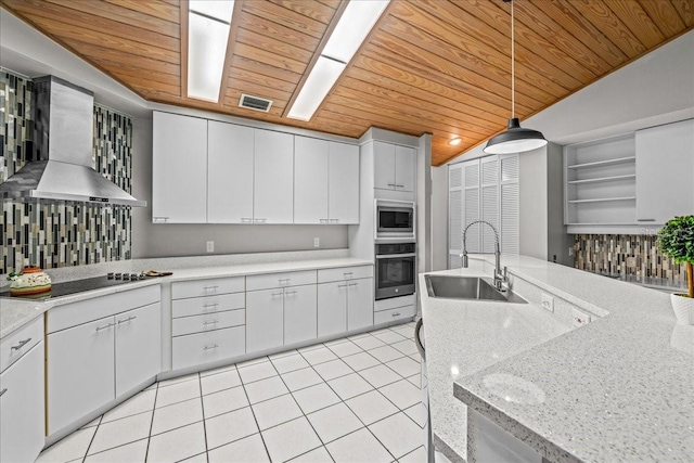 kitchen featuring stainless steel appliances, wooden ceiling, a sink, light tile patterned flooring, and open shelves