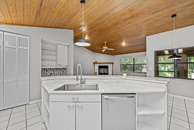 kitchen featuring open shelves, stainless steel dishwasher, a sink, wood ceiling, and a ceiling fan
