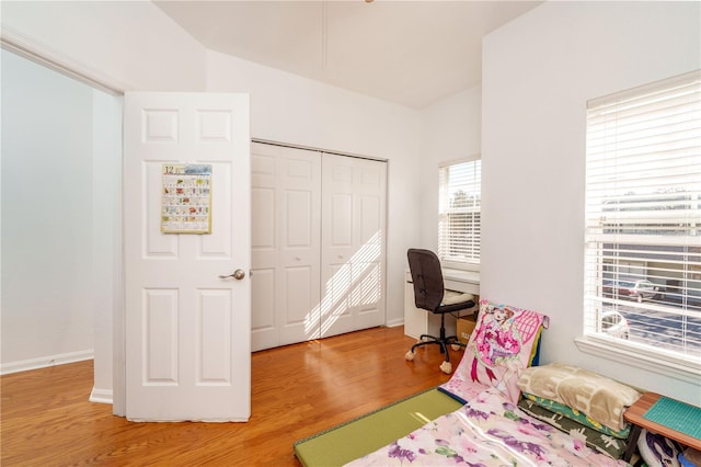 bedroom with wood finished floors and a closet