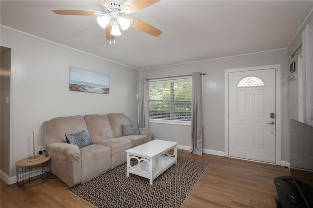 4502 SW 47th Way, Gainesville, FL 32608 - living area with wood finished floors, a ceiling fan, ornamental molding, and baseboards