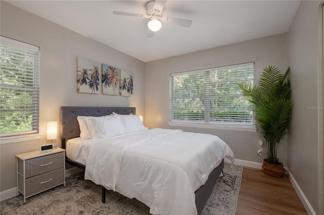 4502 SW 47th Way, Gainesville, FL 32608 - bedroom with multiple windows, wood finished floors, baseboards, and a ceiling fan