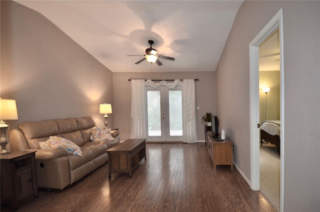 3425 NW 48th Ter, Gainesville, FL 32606 - living area featuring ceiling fan, dark wood-type flooring, lofted ceiling, french doors, and baseboards