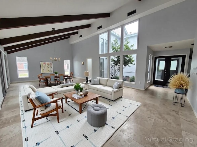 6015 SW 35th Way, Gainesville, FL 32608 - living area featuring beamed ceiling, high vaulted ceiling, baseboards, a chandelier, and light tile patterned flooring