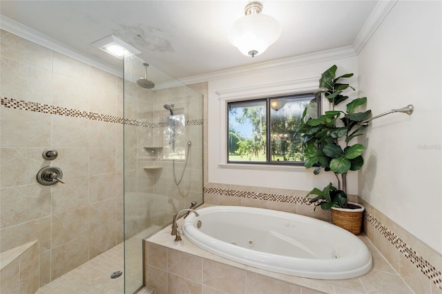 6015 SW 36th Way, Gainesville, FL 32608 - bathroom featuring a tile shower, a tub with jets, and ornamental molding