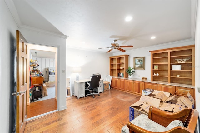 6015 SW 36th Way, Gainesville, FL 32608 - office space with light wood-type flooring, ceiling fan, ornamental molding, and recessed lighting