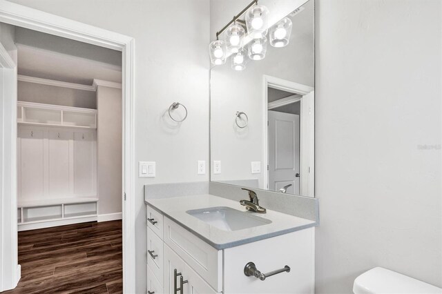 6669 SW 10th Ln, Gainesville, FL 32607 - bathroom with toilet, ornamental molding, vanity, and wood finished floors