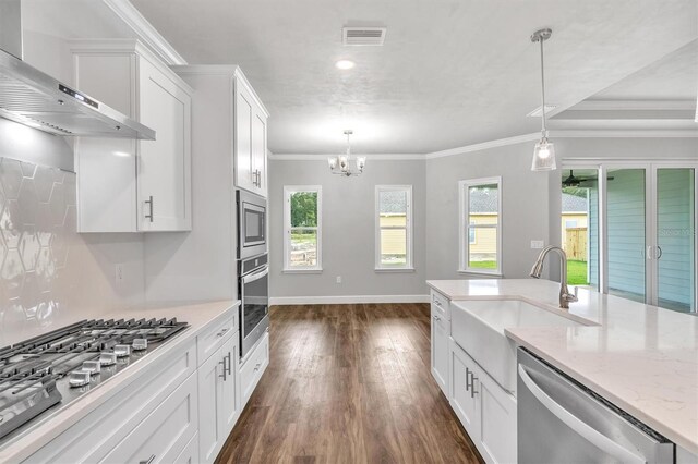 6669 SW 10th Ln, Gainesville, FL 32607 - kitchen with stainless steel appliances, wall chimney range hood, a sink, dark wood finished floors, and white cabinetry