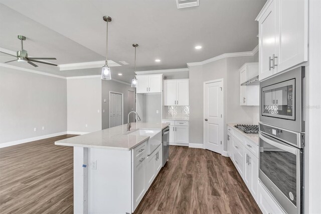 6669 SW 10th Ln, Gainesville, FL 32607 - kitchen featuring appliances with stainless steel finishes, a sink, ornamental molding, ceiling fan, and dark wood-type flooring