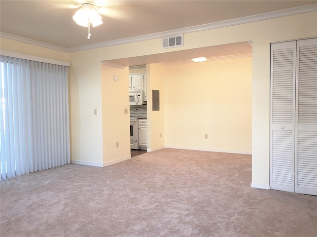 2360 SW Archer Rd Unit 404, Gainesville, FL 32608 - unfurnished living room with crown molding, light colored carpet, ceiling fan, baseboards, and electric panel