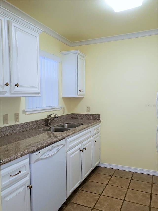 2360 SW Archer Rd Unit 404, Gainesville, FL 32608 - kitchen featuring white dishwasher, a sink, white cabinetry, tile patterned flooring, and crown molding