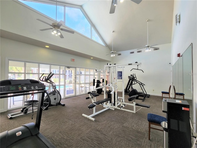 2360 SW Archer Rd Unit 404, Gainesville, FL 32608 - exercise room featuring ceiling fan, high vaulted ceiling, carpet floors, and baseboards